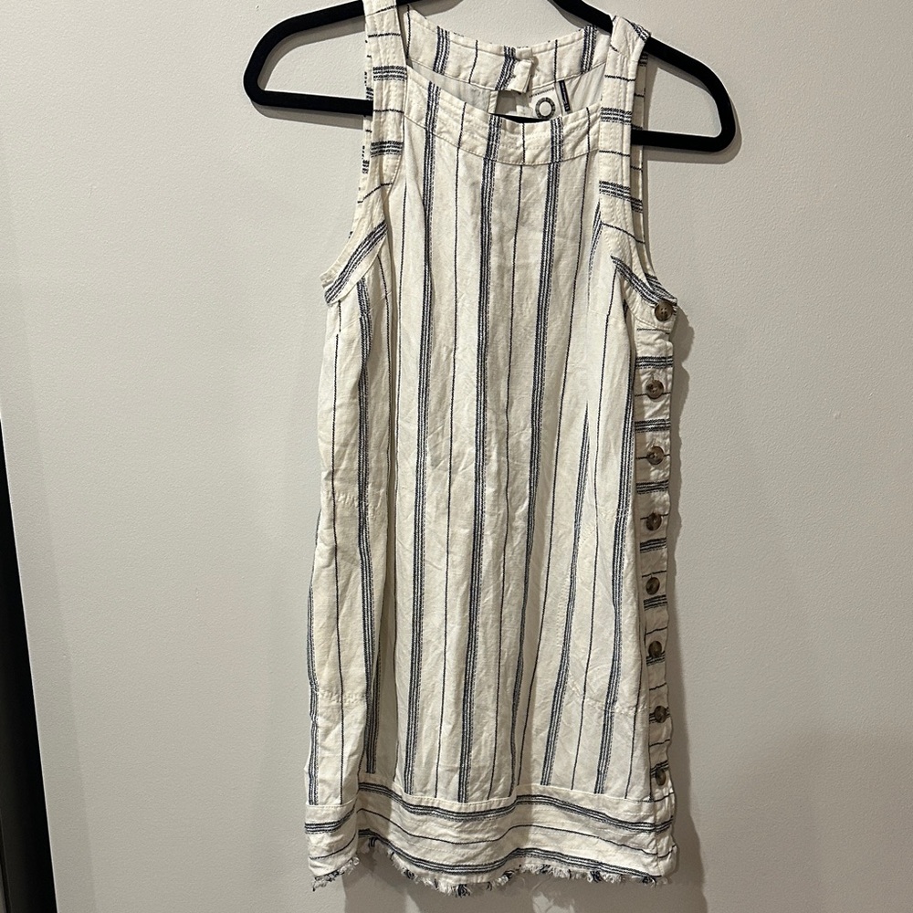 Chic Anthropologie White and Blue Striped Mini Dress with Button Details